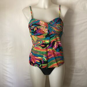 2128  NWT Bikini Bay Funky Feathers Twist Top Bandini w/belt